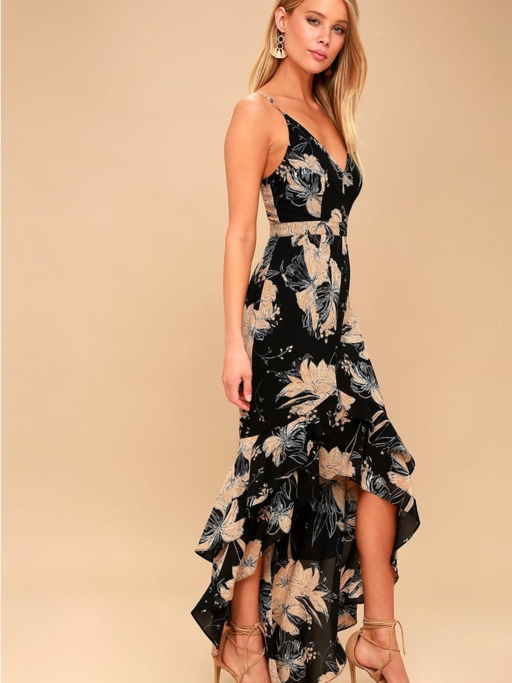 Lulus Darling Daylily Black Floral Print High-Low Maxi Dress